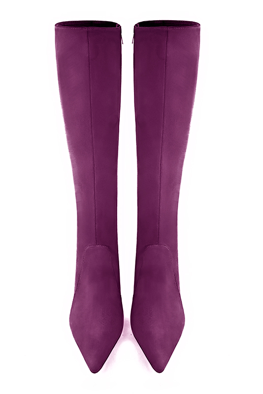 Mulberry purple women's feminine knee-high boots. Pointed toe. Very high spool heels. Made to measure. Top view - Florence KOOIJMAN